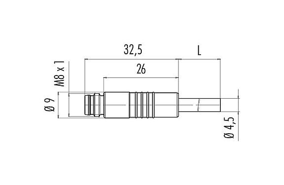 Desenho da escala 79 3415 52 06 - Snap-in Plugue de cabo, Contatos: 6, desprotegido, moldado no cabo, IP65, PUR, preto, 6 x 0,25 mm², 2 m