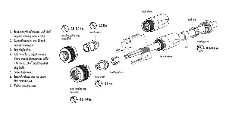装配说明 99 0401 10 02 - M9 直头针头电缆连接器, 极数: 2, 3.5-5.0mm, 可接屏蔽, 焊接, IP67