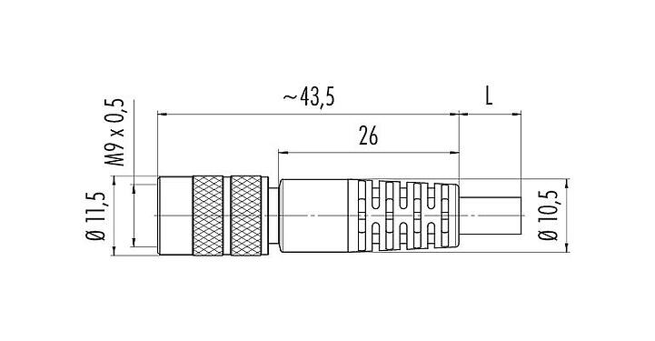 Desenho da escala 79 1422 12 07 - M9 Tomada de cabo, Contatos: 7, blindado, moldado no cabo, IP67, PUR, preto, 8 x 0,14 mm², 2 m