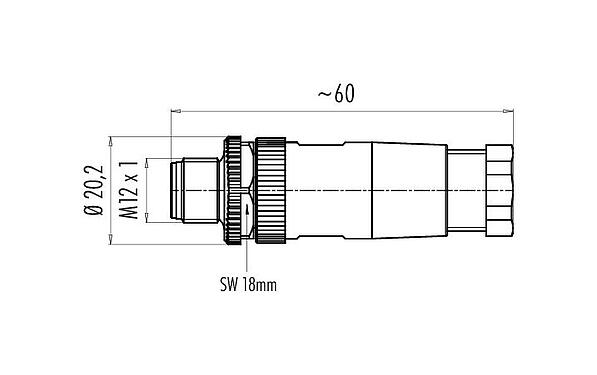Rysunek z wymiarami 99 0429 15 04 - M12 Męskie złącze kablowe proste, Kontaktów: 4, 4,0-6,0 mm, nieekranowany, zacisk śrubowy, IP67, UL