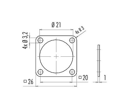 Desenho da escala 04 0107 071 - M12-A/B/D/K/K/L/S/T/US/X - junta para plugue de flange quadrado metálico; série 713/715/763/766/813/813/814/815/825/866/876