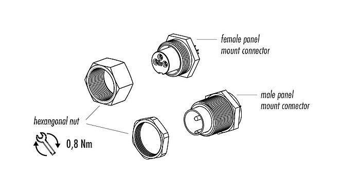 Artikelbeschrijving 09 0077 00 03 - M9 Male panel mount connector, aantal polen: 3, onafgeschermd, soldeer, IP40