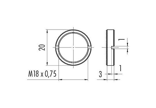 Масштабный чертеж 01 0010 001 - M16 IP67 - кольцевая гайка для крепежной резьбы, с гайкой с накаткой; серия 423/425/723