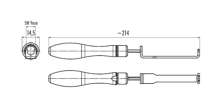 Desenho da escala 07 0085 000 - M8 - Chave de montagem para anel de travamento M8 com limitação de torque 0,4 Nm, SW 9 mm; Série 718/768