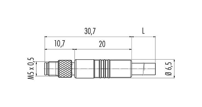 Desenho da escala 77 3459 0000 40003-0200 - M5 Plugue de cabo, Contatos: 3, desprotegido, moldado no cabo, IP67, UL, M5x0,5, PUR, preto, 3 x 0,14 mm², 2 m