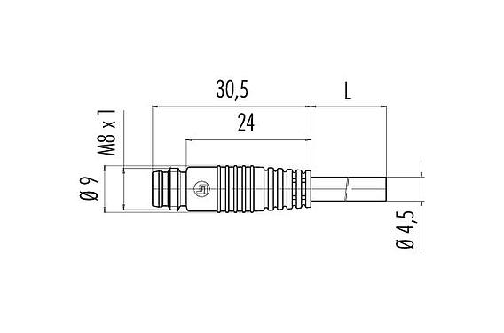 Desenho da escala 79 3413 52 05 - Snap-in Plugue de cabo, Contatos: 5, desprotegido, moldado no cabo, IP65, PUR, preto, 5 x 0,34 mm², 2 m