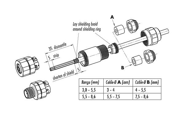Instrução de montagem 99 3729 995 04 - M12 Plugue de cabo, Contatos: 4, 5,5-8,6 mm, blindável, pinça de parafuso, IP69, UL, Aço inoxidável