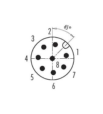 Polbild (Steckseite) 99 0487 186 08 - M12 Duo-Kabelstecker, Polzahl: 8, 2 Kabel mit Ø 2,1-3,0 mm oder Ø 4,0-5,0 mm, ungeschirmt, schraubklemm, IP67, UL