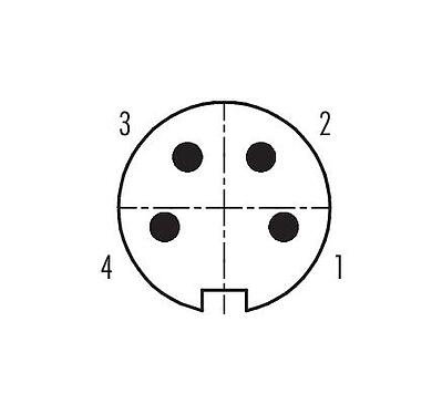 Disposition des contacts (Côté plug-in) 99 0609 70 04 - Baïonnette Connecteur mâle coudé, Contacts: 4, 4,0-6,0 mm, non blindé, souder, IP40