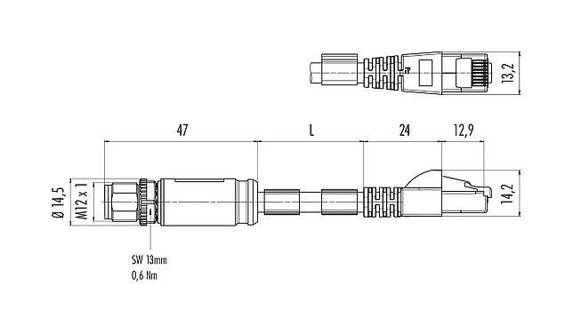 Desenho da escala 79 9723 100 08 - M12/M12 Cabo de conexão plugue de cabo - plugue RJ45, Contatos: 8, blindado, moldado no cabo, IP67, UL, PUR, verde, AWG 26/7, 10 m