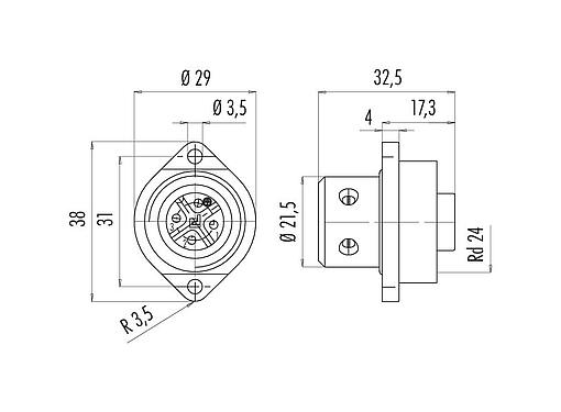 Scale drawing 09 0212 00 04 - RD24 Female panel mount connector, Contacts: 3+PE, unshielded, screw clamp, IP67