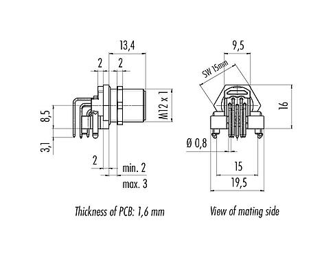 Desenho da escala 99 3481 601 08 - M12 Bujão flangeado, angular, Contatos: 8, blindável, THR, IP68, UL, para montagem de placas de circuito impresso