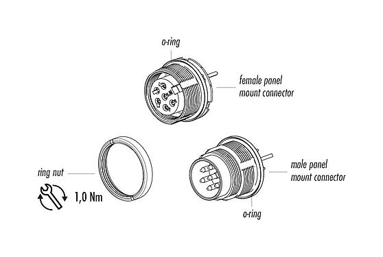 Component part drawing 09 0111 290 04 - M16 Male panel mount connector, Contacts: 4 (04-a), shieldable, THT, IP67, UL, front fastened