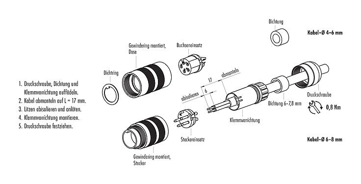 Montageanleitung 99 5113 40 05 - M16 Kabelstecker, Polzahl: 5 (05-a), 4,1-7,8 mm, ungeschirmt, löten, IP67, UL, Kurzversion