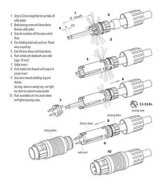 装配说明 99 4841 00 19 - Push Pull 直头针头电缆连接器, 极数: 19, 4.0-8.0mm, 可接屏蔽, 焊接, IP67