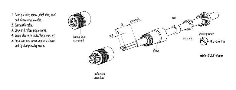 Instrução de montagem 99 3383 00 04 - M8 Plugue de cabo, Contatos: 4, 3,5-5,0 mm, desprotegido, solda, IP67, UL