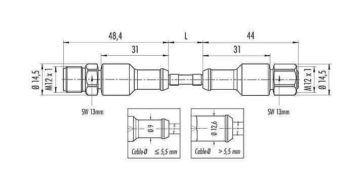 Scale drawing 77 3730 3729 20404-0200 - M12/M12 Connecting cable male cable connector - female cable connector, Contacts: 4, unshielded, moulded on the cable, IP69K, UL, Ecolab, PVC, grey, 4 x 0.34 mm², Food & Beverage, stainless steel, 2 m