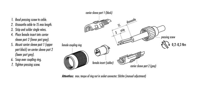 조립 지침 99 0476 102 07 - M9 케이블 소켓, 콘택트 렌즈: 7, 4.0-5.0mm, 차폐되지 않음, 솔더, IP40