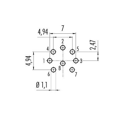 Conductor layout 09 0474 90 08 - M16 Female panel mount connector, Contacts: 8 (08-a), unshielded, THT, IP40, front fastened