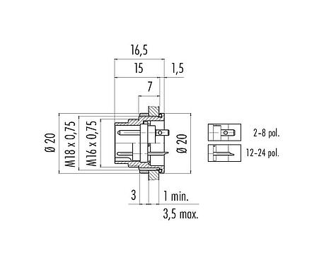 Scale drawing 09 0103 80 02 - M16 Male panel mount connector, Contacts: 2 (02-a), unshielded, solder, IP67, UL, front fastened
