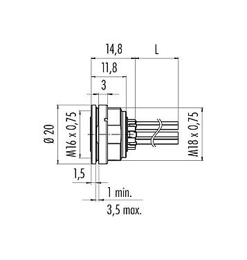 Desenho da escala 09 0124 702 06 - M16 Soquete de flange, Contatos: 6 (06-a), desprotegido, fios simples, IP67, UL