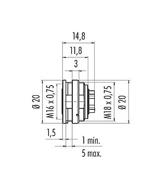 Desenho da escala 09 0316 700 05 - M16 Soquete de flange, Contatos: 5 (05-a), desprotegido, crimpado (os contactos de crimpdevem ser encomendados separadamente), IP40