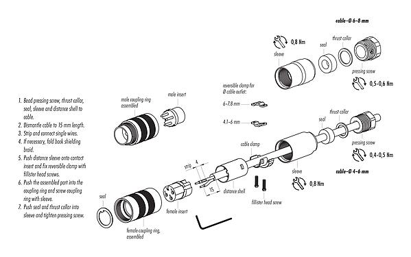 조립 지침 99 5606 210 03 - M16 케이블 소켓, 콘택트 렌즈: 3 (03-a), 6.0-8.0mm, 차폐 가능, 나사 클램프, IP67, UL