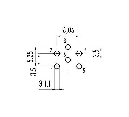 Conductor layout 09 0124 99 06 - M16 Female panel mount connector, Contacts: 6 (06-a), unshielded, THT, IP67, UL, front fastened
