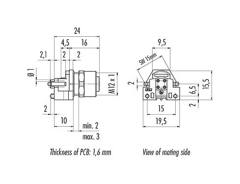 Desenho da escala 99 4442 200 05 - M12 Soquete de flange, Contatos: 5, desprotegido, THR, IP68, UL, modelo de duas peças