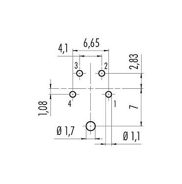 Conductor layout 09 0111 290 04 - M16 Male panel mount connector, Contacts: 4 (04-a), shieldable, THT, IP67, UL, front fastened