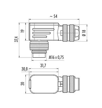 Desenho da escala 99 5609 750 04 - M16 Plugue angular, Contatos: 4 (04-a), 6,0-8,0 mm, blindável, crimpado (os contactos de crimpdevem ser encomendados separadamente), IP67, UL