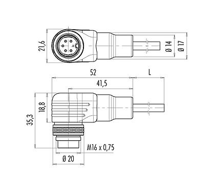 Scale drawing 79 6371 200 08 - M16 Male angled connector, Contacts: 8 (08-a), shielded, moulded on the cable, IP67, PUR, black, 8 x 0.25 mm², 2 m