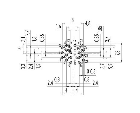Disposizione dei conduttori 09 0198 90 24 - M16 Connettore femmina a flangia, Numero poli: 24, non schermato, THT, IP40, montaggio anteriore