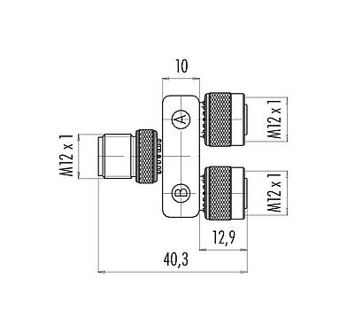 Bản vẽ tỷ lệ 79 5200 00 04 - M12 Bộ chia đôi, nhà phân phối Y, phích cắm M12x1 - 2 ổ cắm M12x1, Số lượng cực : 4, không có chống nhiễu, có đầu nối, IP68, UL
