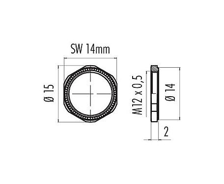 Rysunek z wymiarami 01 0013 001 - M9 IP67 - Nakrętka sześciokątna z radełkiem 2 mm; seria 702/712