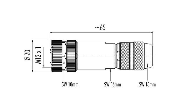 스케일 드로잉 99 3728 810 04 - M12 케이블 소켓, 콘택트 렌즈: 4, 5.0-8.0mm, 차폐 가능, 나사 클램프, IP67, UL