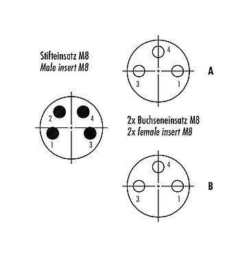 Disposition des contacts (Côté plug-in) 79 5280 00 04 - M8 Répartiteur double, Y-distributeur, mâle M8x1 - 2 femelle M8x1, Contacts: 4/3, non blindé, enfichable, IP68, UL
