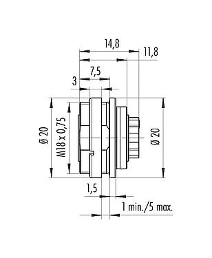 Scale drawing 09 0174 780 08 - M16 Female panel mount connector, Contacts: 8 (08-a), unshielded, crimping (Crimp contacts must be ordered separately), IP68, UL, AISG compliant, front fastened