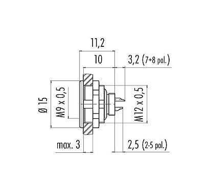 Schaaltekening 09 0412 00 04 - M9 Female panel mount connector, aantal polen: 4, onafgeschermd, soldeer, IP67