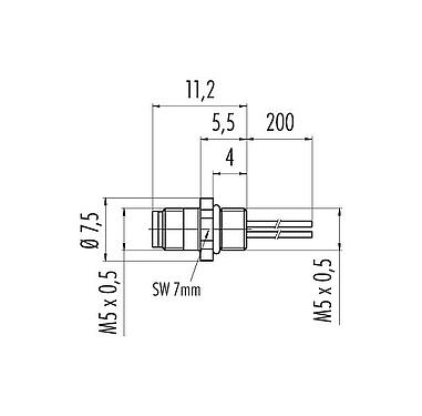 Schaaltekening 09 3111 01 04 - M5 Male panel mount connector, aantal polen: 4, onafgeschermd, draden, IP67