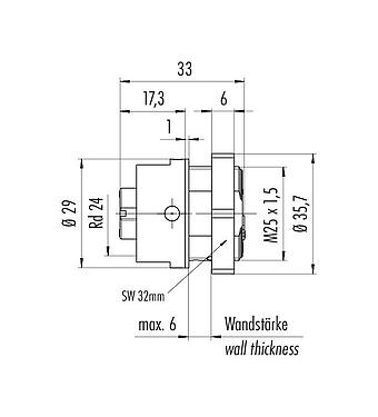 Scale drawing 09 4224 150 04 - RD24 Female panel mount connector, Contacts: 3+PE, unshielded, screw clamp, IP67, UL, ESTI+, VDE, central fixing