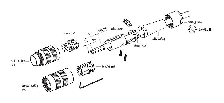 Instrucción de montaje 99 2014 220 05 - M16 Conector de cable hembra, Número de contactos: 5 (05-a), 6,0-8,0 mm, blindable, tornillo extraíble, IP40