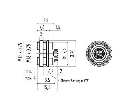 Desenho da escala 99 4174 90 08 - M16 Soquete de flange, Contatos: 8, blindável, THR, IP67