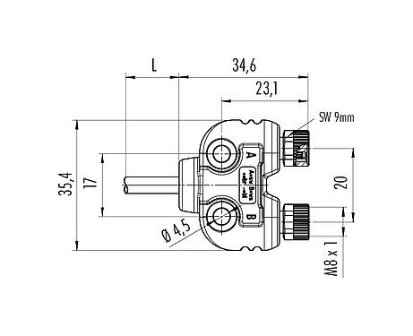 Scale drawing 79 5232 33 04 - M8 Twin distributor, Y-distributor, Contacts: 3, unshielded, moulded on the cable, IP68, UL, PUR, black, 4 x 0.25 mm², with LED PNP, 2 m