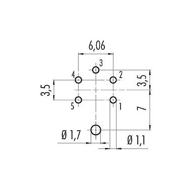 Disposizione dei conduttori 09 0115 290 05 - M16 Connettore maschio a flangia, Numero poli: 5 (05-a), schermabile, THT, IP67, UL, montaggio anteriore