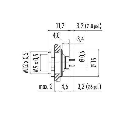 Scale drawing 09 0428 90 08 - M9 Female panel mount connector, Contacts: 8, unshielded, THT, IP67, front fastened
