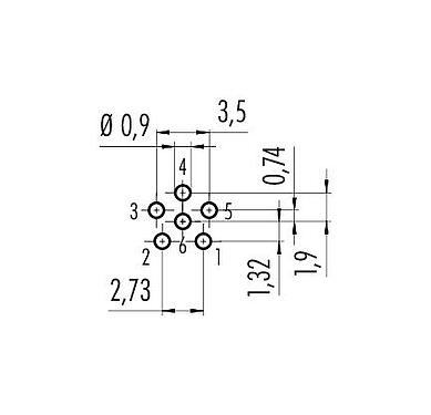導体レイアウト 09 3462 80 06 - M8 メスパネルマウントコネクタ, 極数: 6, 非シールド, THT, IP67, M12x1.0, 前面取り付け
