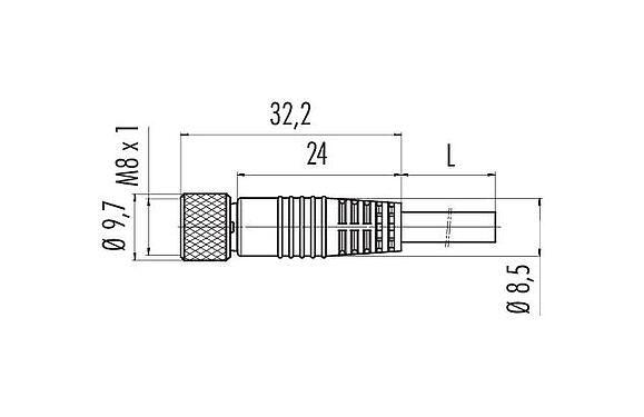 Desenho da escala 79 3506 55 03 - Tomada de cabo, Contatos: 3, blindado, moldado no cabo, IP67, PUR, preto, 3 x 0,34 mm², 5 m
