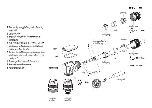 Instrução de montagem 99 1526 822 04 - M12 Tomada angular, Contatos: 4, 6,0-8,0 mm, blindável, braçadeira de arame, IP67