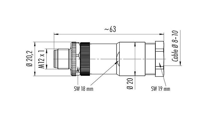 Desenho da escala 99 0689 19 04 - M12 Plugue de cabo, Contatos: 3+PE, 8,0-10,0 mm, desprotegido, pinça de parafuso, IP67, UL, VDE